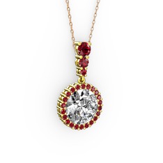 Beyaz zirkon ve garnet 14 ayar altın kolye (40 cm rose altın rolo zincir)