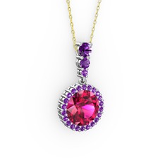 Rodolit garnet ve ametist 8 ayar beyaz altın kolye (40 cm altın rolo zincir)