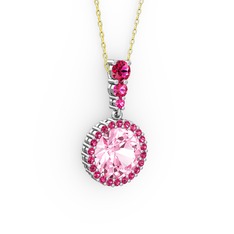 Lavinya Kolye - Pembe kuvars ve rodolit garnet 14 ayar beyaz altın kolye (40 cm altın rolo zincir) #k9esav
