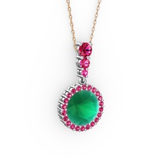 Kök zümrüt ve rodolit garnet 14 ayar beyaz altın kolye (40 cm gümüş rolo zincir)