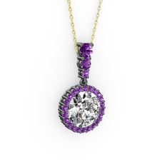 Swarovski ve ametist 925 ayar siyah rodyum kaplama gümüş kolye (40 cm altın rolo zincir)