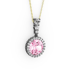 Lavinya Kolye - Pembe kuvars ve beyaz zirkon 925 ayar siyah rodyum kaplama gümüş kolye (40 cm altın rolo zincir) #oc3vbr