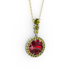 Garnet ve peridot 18 ayar beyaz altın kolye (40 cm gümüş rolo zincir)
