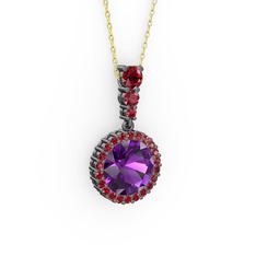 Ametist ve garnet 925 ayar siyah rodyum kaplama gümüş kolye (40 cm altın rolo zincir)