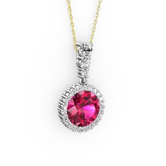Rodolit garnet ve beyaz zirkon 14 ayar beyaz altın kolye (40 cm altın rolo zincir)