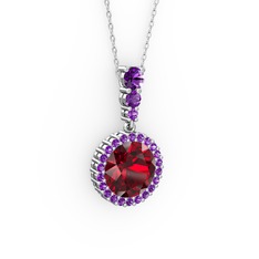 Garnet ve ametist 8 ayar beyaz altın kolye (40 cm beyaz altın rolo zincir)