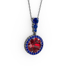 Lavinya Kolye - Garnet ve lab safir 925 ayar siyah rodyum kaplama gümüş kolye (40 cm gümüş rolo zincir) #re6mce