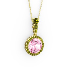Pembe kuvars ve peridot 14 ayar altın kolye (40 cm altın rolo zincir)