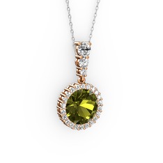 Peridot ve beyaz zirkon 8 ayar rose altın kolye (40 cm beyaz altın rolo zincir)