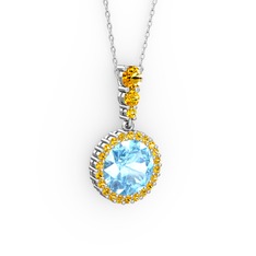 Akuamarin ve sitrin 8 ayar beyaz altın kolye (40 cm gümüş rolo zincir)