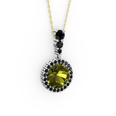 Peridot ve siyah zirkon 8 ayar beyaz altın kolye (40 cm altın rolo zincir)