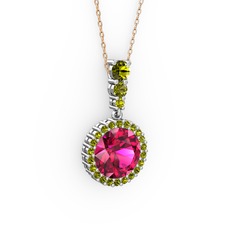 Rodolit garnet ve peridot 14 ayar beyaz altın kolye (40 cm rose altın rolo zincir)