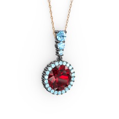 Garnet ve akuamarin 925 ayar siyah rodyum kaplama gümüş kolye (40 cm gümüş rolo zincir)