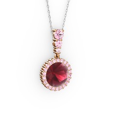 Kök yakut ve pembe kuvars 18 ayar rose altın kolye (40 cm gümüş rolo zincir)