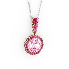 Pembe kuvars ve rodolit garnet 18 ayar rose altın kolye (40 cm beyaz altın rolo zincir)
