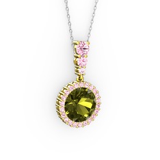 Peridot ve pembe kuvars 18 ayar altın kolye (40 cm gümüş rolo zincir)