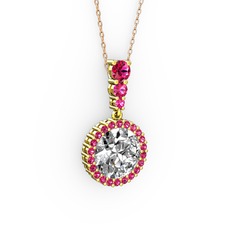 Beyaz zirkon ve rodolit garnet 14 ayar altın kolye (40 cm gümüş rolo zincir)