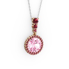 Pembe kuvars ve kök zümrüt 18 ayar rose altın kolye (40 cm beyaz altın rolo zincir)