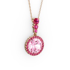 Pembe kuvars ve rodolit garnet 925 ayar rose altın kaplama gümüş kolye (40 cm rose altın rolo zincir)