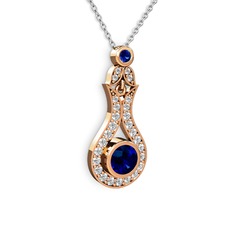 Lab safir ve beyaz zirkon 8 ayar rose altın kolye (40 cm beyaz altın rolo zincir)