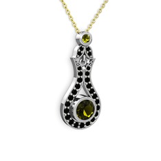 Lale Kolye - Peridot ve siyah zirkon 14 ayar beyaz altın kolye (40 cm gümüş rolo zincir) #11fj7yy