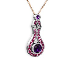 Lale Kolye - Ametist ve rodolit garnet 8 ayar beyaz altın kolye (40 cm rose altın rolo zincir) #12dc0gk