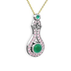 Kök zümrüt ve pembe kuvars 14 ayar beyaz altın kolye (40 cm altın rolo zincir)