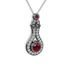 Garnet ve beyaz zirkon 925 ayar siyah rodyum kaplama gümüş kolye (40 cm beyaz altın rolo zincir)