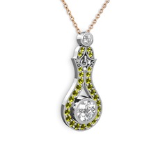 Lale Kolye - Beyaz zirkon ve peridot 18 ayar beyaz altın kolye (40 cm rose altın rolo zincir) #14in2wi