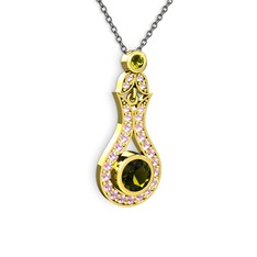 Peridot ve pembe kuvars 14 ayar altın kolye (40 cm gümüş rolo zincir)