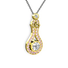 Beyaz zirkon ve pembe kuvars 14 ayar altın kolye (40 cm gümüş rolo zincir)