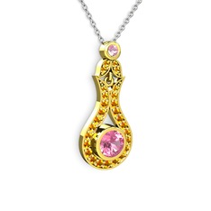 Pembe kuvars ve sitrin 925 ayar altın kaplama gümüş kolye (40 cm beyaz altın rolo zincir)
