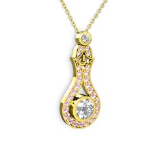 Swarovski ve pembe kuvars 14 ayar altın kolye (40 cm altın rolo zincir)