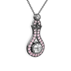 Lale Kolye - Beyaz zirkon ve pembe kuvars 925 ayar siyah rodyum kaplama gümüş kolye (40 cm gümüş rolo zincir) #15w1thp