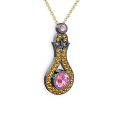 Pembe kuvars ve sitrin 925 ayar siyah rodyum kaplama gümüş kolye (40 cm altın rolo zincir)