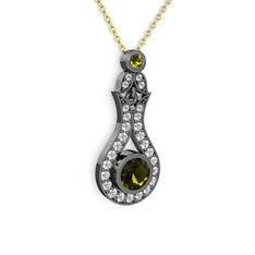 Lale Kolye - Peridot ve beyaz zirkon 925 ayar siyah rodyum kaplama gümüş kolye (40 cm altın rolo zincir) #1bmrd20