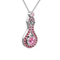 Pembe kuvars ve kök yakut 925 ayar gümüş kolye (40 cm beyaz altın rolo zincir)