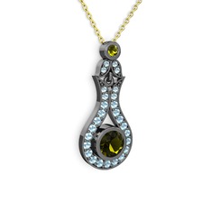Peridot ve akuamarin 925 ayar siyah rodyum kaplama gümüş kolye (40 cm altın rolo zincir)