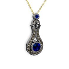 Lab safir ve dumanlı kuvars 925 ayar siyah rodyum kaplama gümüş kolye (40 cm altın rolo zincir)