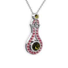 Peridot ve kök yakut 8 ayar beyaz altın kolye (40 cm beyaz altın rolo zincir)