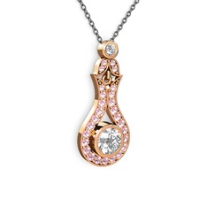 Beyaz zirkon ve pembe kuvars 18 ayar rose altın kolye (40 cm gümüş rolo zincir)