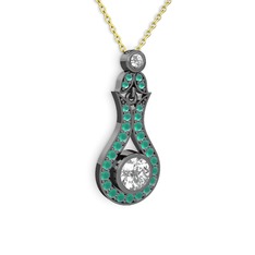 Swarovski ve kök zümrüt 925 ayar siyah rodyum kaplama gümüş kolye (40 cm altın rolo zincir)