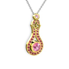 Pembe kuvars ve kök yakut 18 ayar altın kolye (40 cm gümüş rolo zincir)