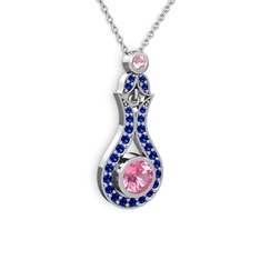 Pembe kuvars ve lab safir 8 ayar beyaz altın kolye (40 cm beyaz altın rolo zincir)