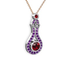 Lale Kolye - Garnet ve ametist 8 ayar beyaz altın kolye (40 cm rose altın rolo zincir) #1h43n9