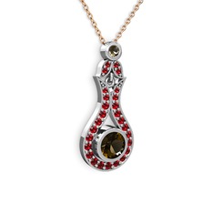 Dumanlı kuvars ve garnet 14 ayar beyaz altın kolye (40 cm rose altın rolo zincir)