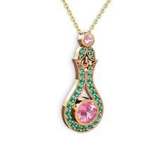 Pembe kuvars ve yeşil kuvars 925 ayar rose altın kaplama gümüş kolye (40 cm gümüş rolo zincir)