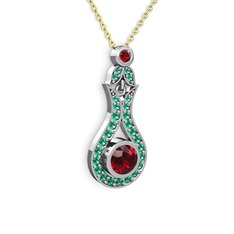 Garnet ve yeşil kuvars 14 ayar beyaz altın kolye (40 cm altın rolo zincir)