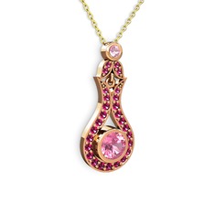 Pembe kuvars ve rodolit garnet 18 ayar rose altın kolye (40 cm altın rolo zincir)