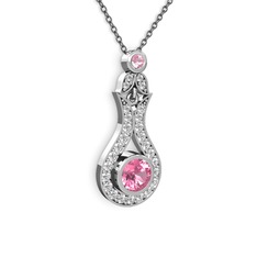 Lale Kolye - Pembe kuvars ve swarovski 14 ayar beyaz altın kolye (40 cm gümüş rolo zincir) #1mbw9fr